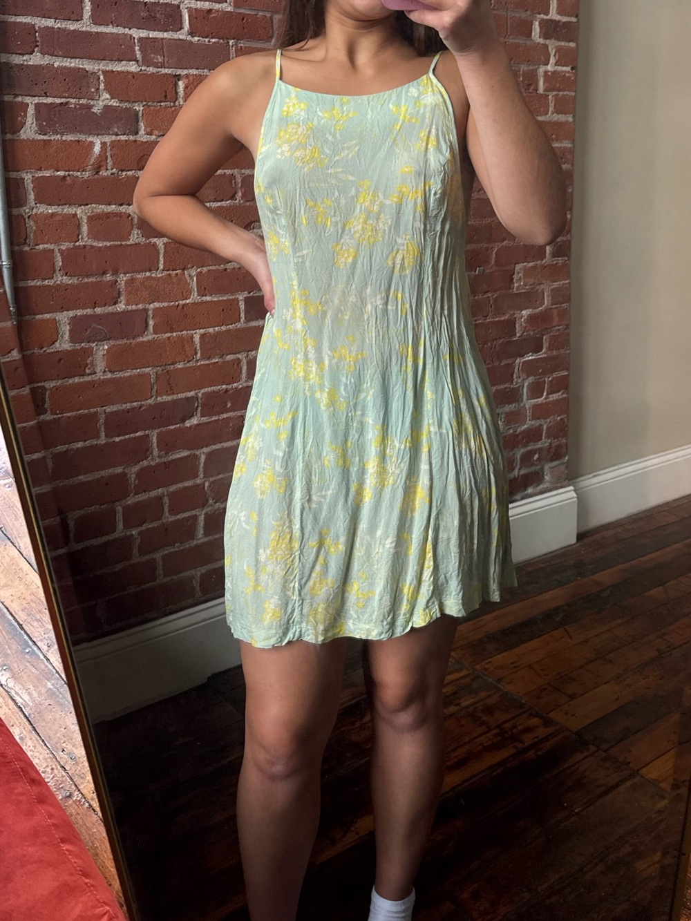 Free People Mint Green Mini Tie Back Slip Dress with Yellow Floral Print